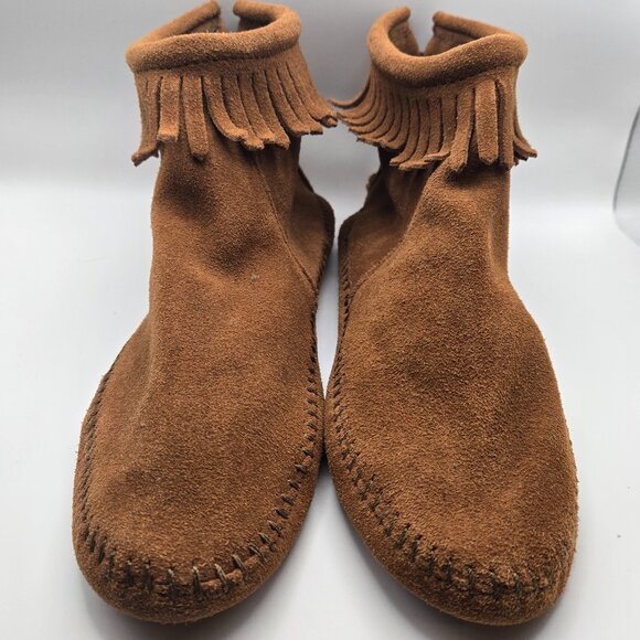 Minnetonka Brown Moccasins Suede Back Zip Ankle Booties Size 9 - Picture 1 of 11